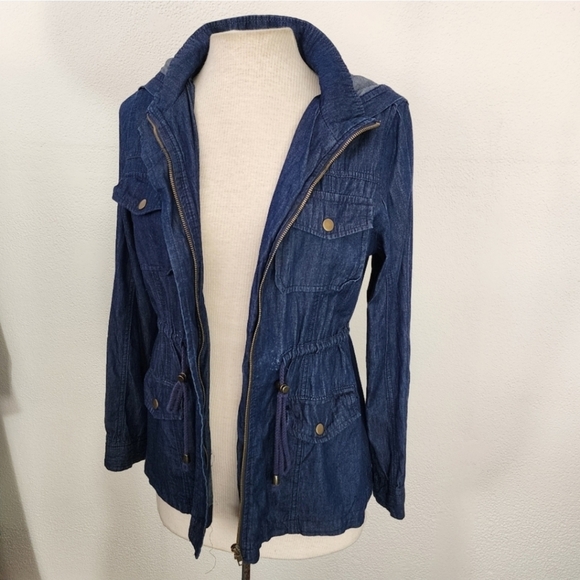 Chocolate USA Chambray Hooded Long Sleeve Shacket Blue Size S - Picture 3 of 15